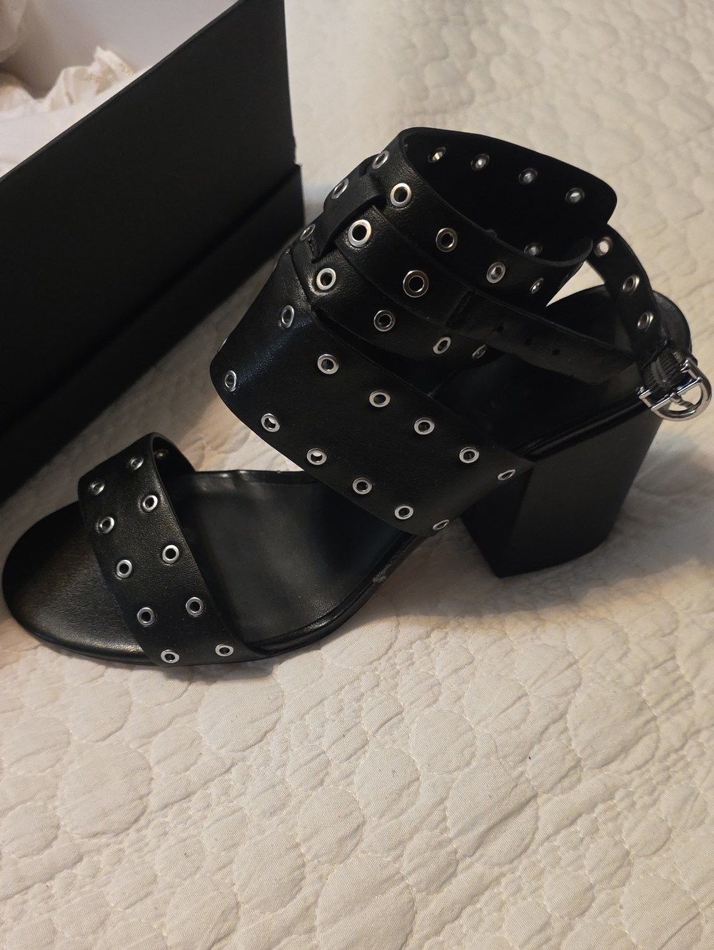Rebecca Minkoff Black Grommet Strap Block Heel Sandals